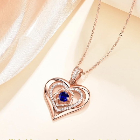 Silver Rose Gold Heart Necklace with Blue/Purple Center Stone - Picture 10 of 10